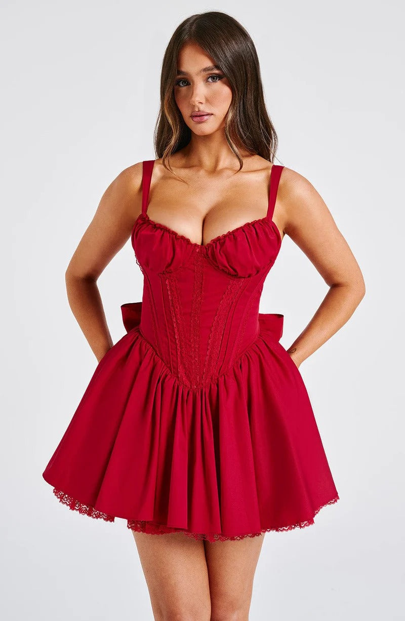 Lace Ruffle Trim Corset Mini Dress in Red Avalabel