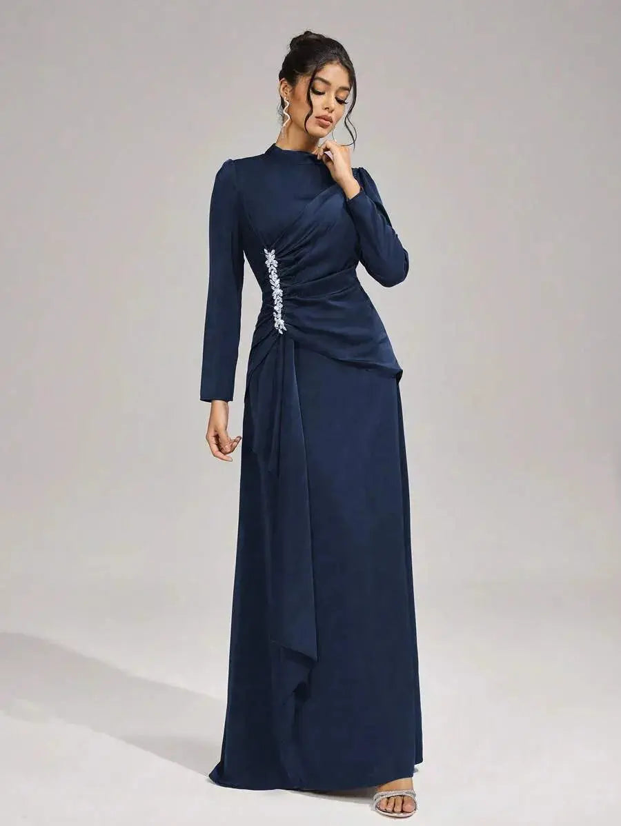 beulah Long sleeves with beading pleated maxi dress in blue Avalabel