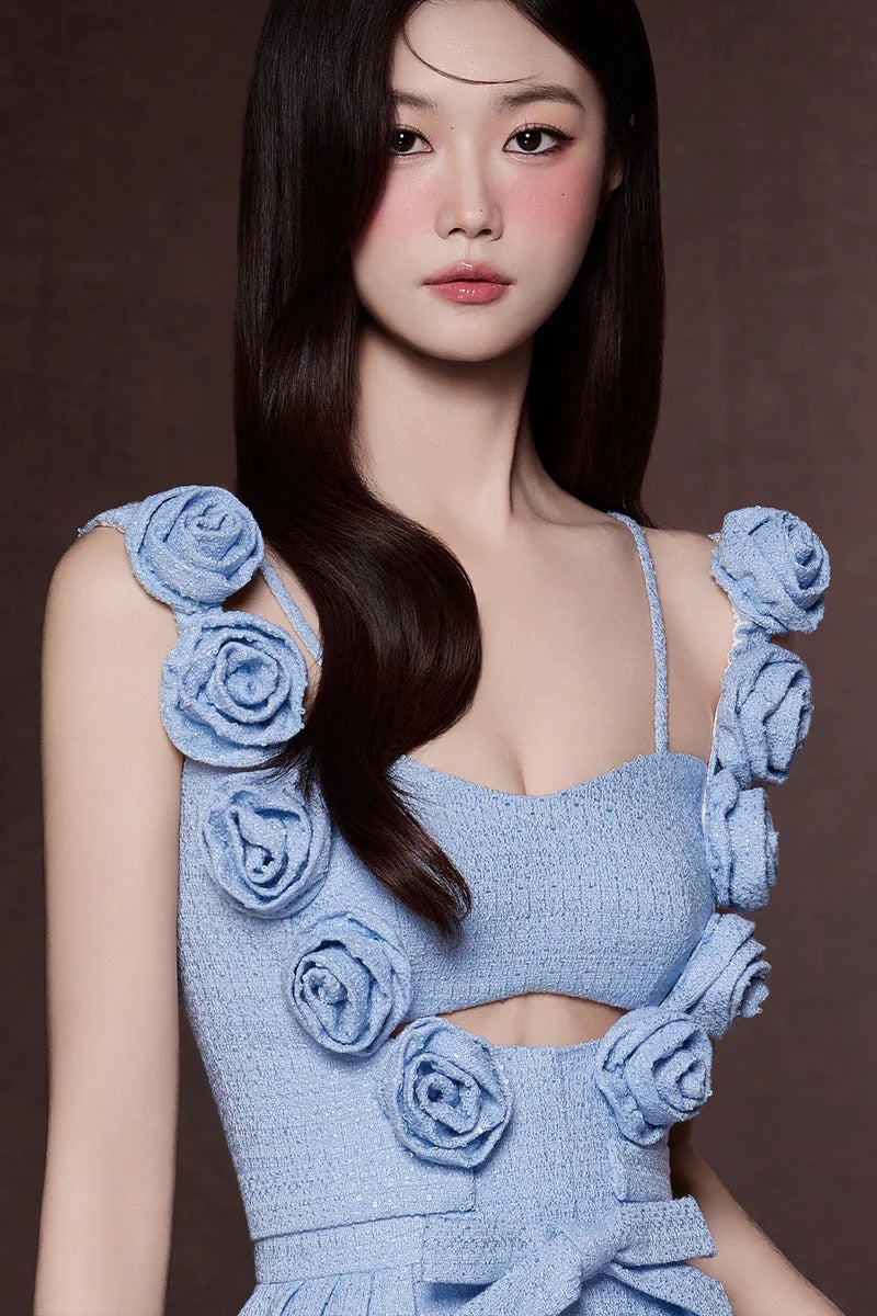 Chaya Pastel Blue 3d Flower Ribbon Mini Dress Avalabel
