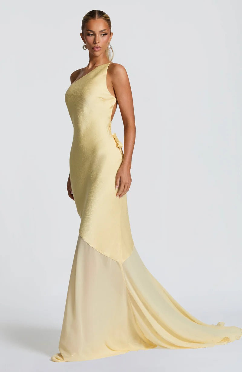 Lace-up Beveled Back Satin Maxi Dress in Lemon Yellow Avalabel