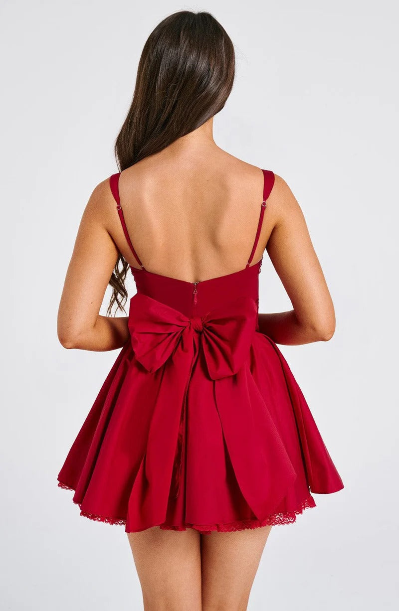 Lace Ruffle Trim Corset Mini Dress in Red Avalabel
