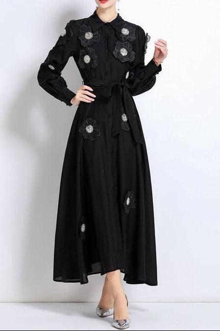 susanna floral Applique Shirt Midi Dress in black Avalabel