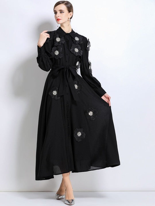 susanna floral Applique Shirt Midi Dress in black Avalabel