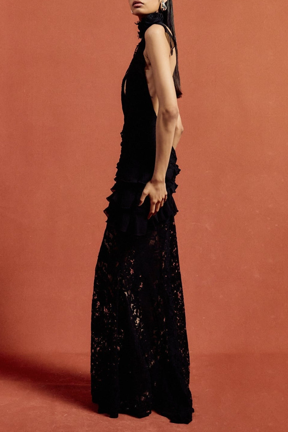 Hulda Cotton Lace Hollow Maxi Dress in Black Avalabel