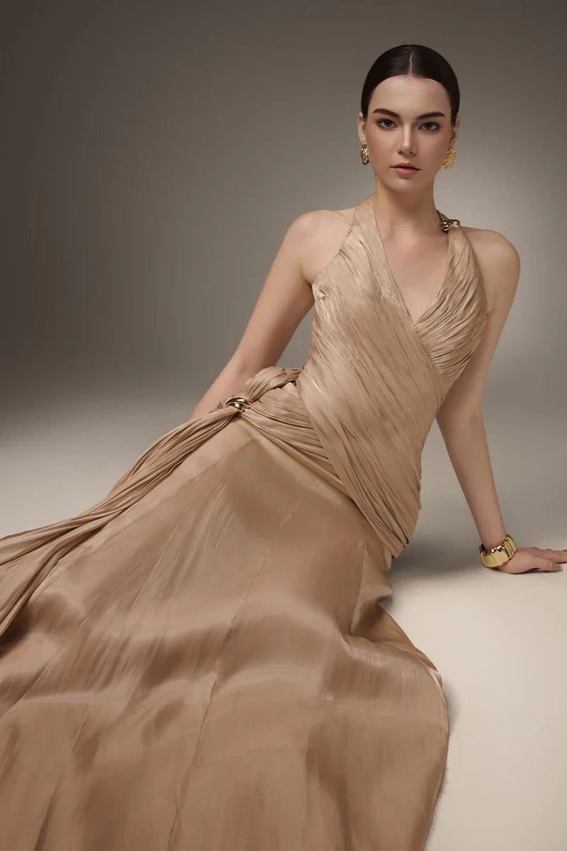 Corset Waist Silk Blend halter Floor Length Dress in Champagne Avalabel