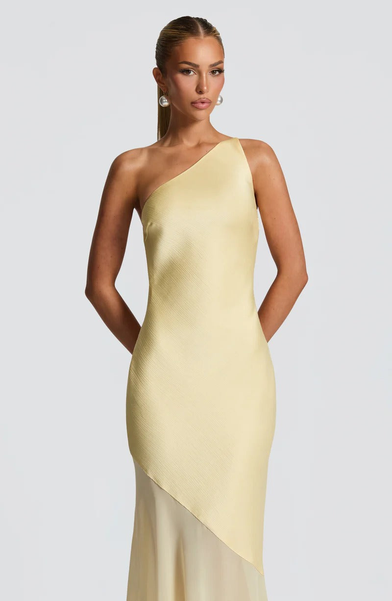 Lace-up Beveled Back Satin Maxi Dress in Lemon Yellow Avalabel