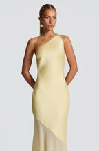 Lace-up Beveled Back Satin Maxi Dress in Lemon Yellow Avalabel