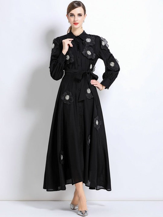 susanna floral Applique Shirt Midi Dress in black Avalabel