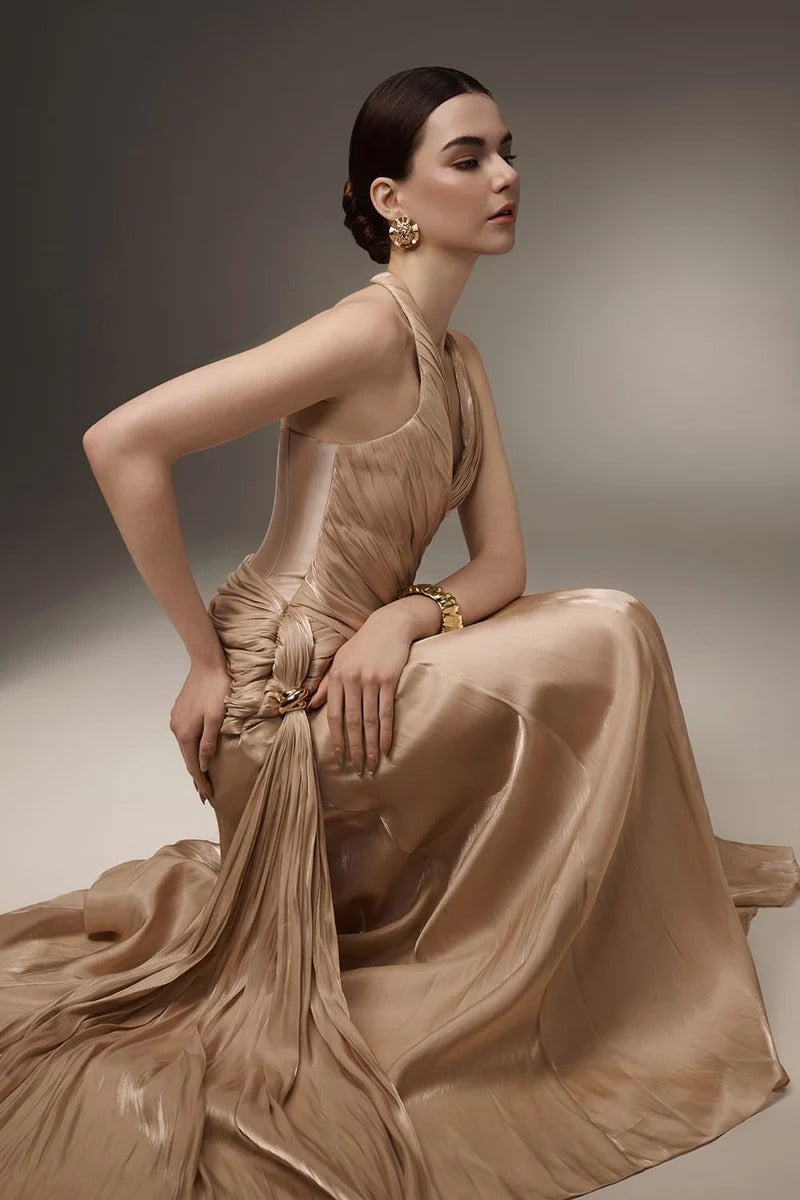Corset Waist Silk Blend halter Floor Length Dress in Champagne Avalabel