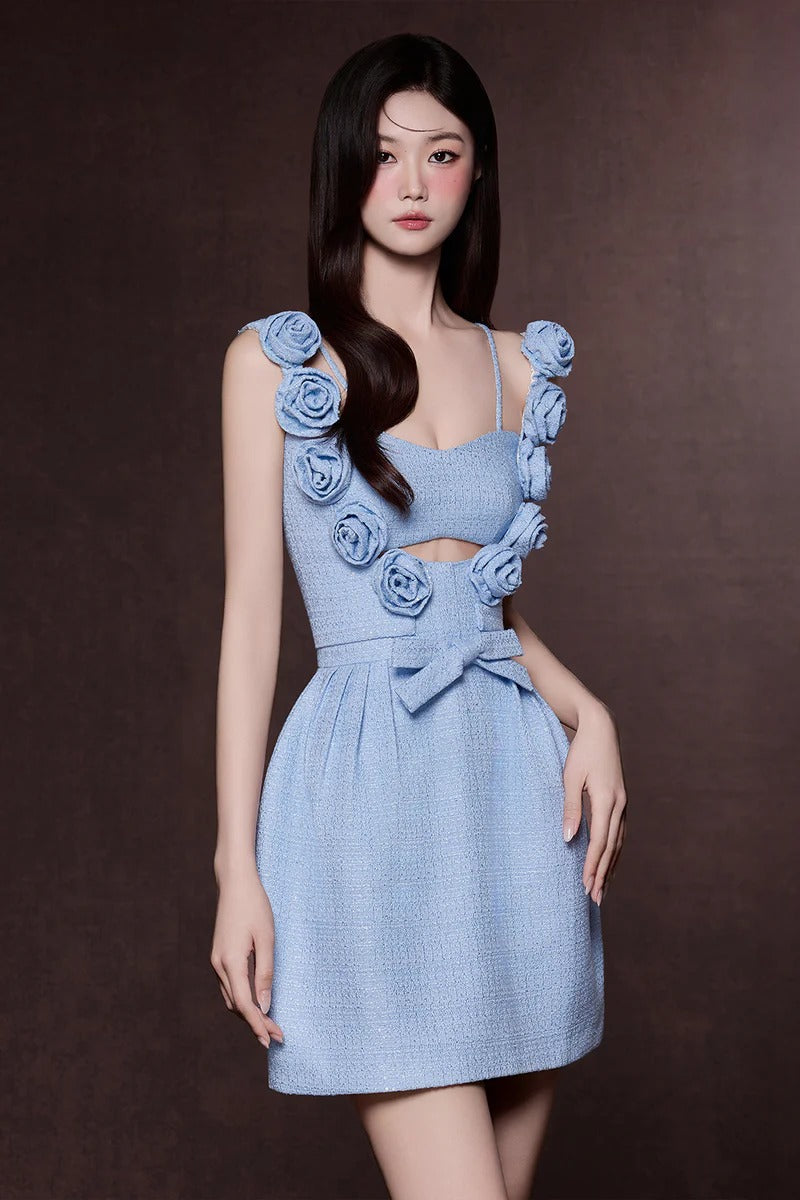Chaya Pastel Blue 3d Flower Ribbon Mini Dress Avalabel