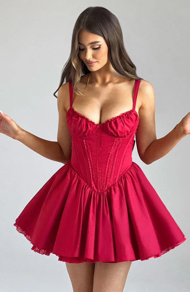 Lace Ruffle Trim Corset Mini Dress in Red Avalabel