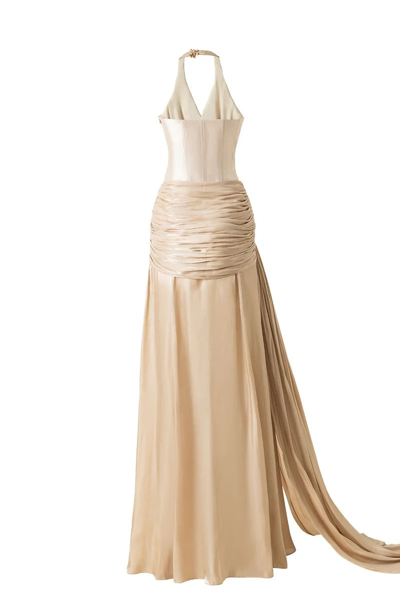 Corset Waist Silk Blend halter Floor Length Dress in Champagne Avalabel