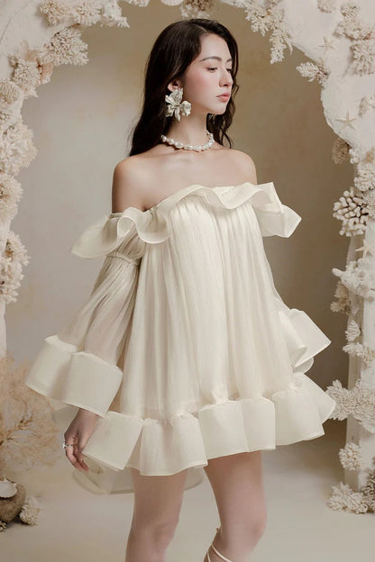 Bernice Ruffle Layer Crinkle Chiffon Mini Dress in White