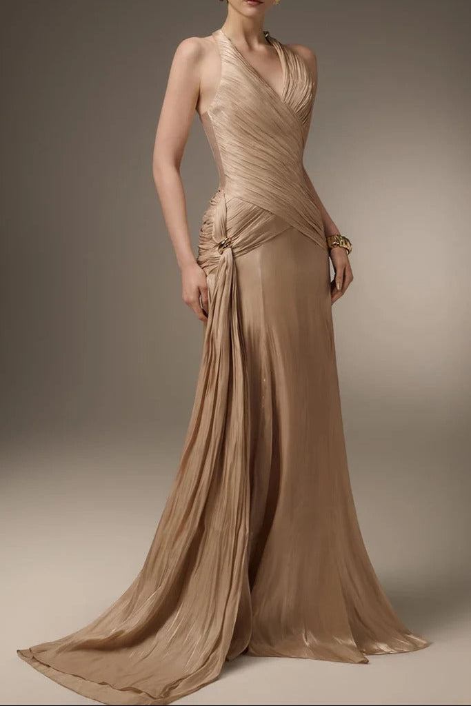 Corset Waist Silk Blend halter Floor Length Dress in Champagne Avalabel