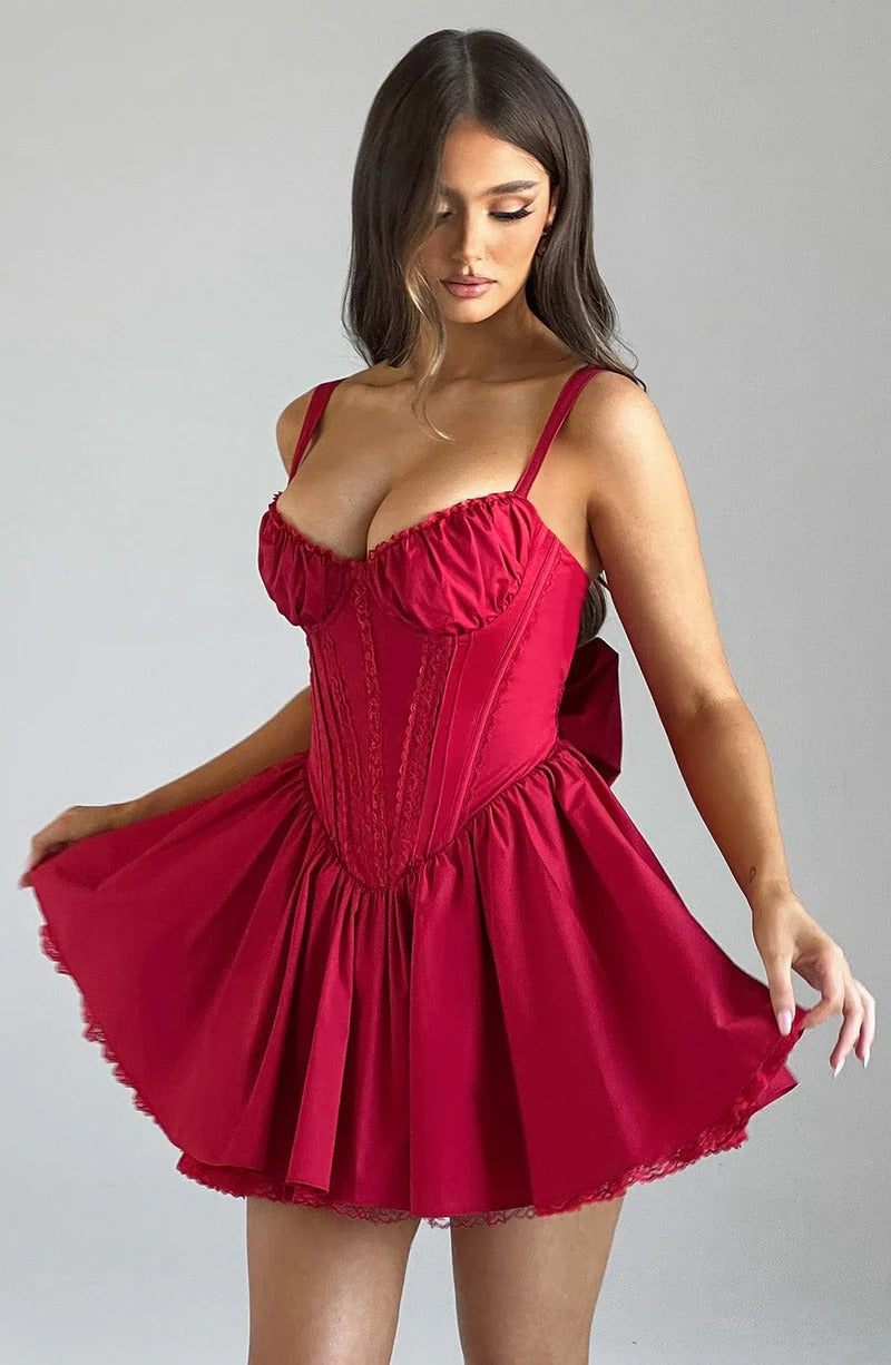 Lace Ruffle Trim Corset Mini Dress in Red Avalabel