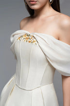 embroidery A-line Off-Shoulder Polyester Mini Dress in beige Avalabel