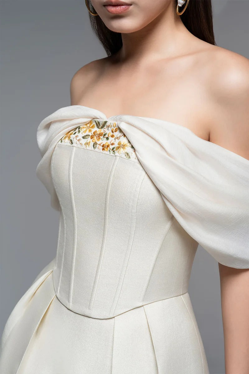 embroidery A-line Off-Shoulder Polyester Mini Dress in beige Avalabel