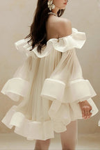 Bernice Ruffle Layer Crinkle Chiffon Mini Dress in White Avalabel