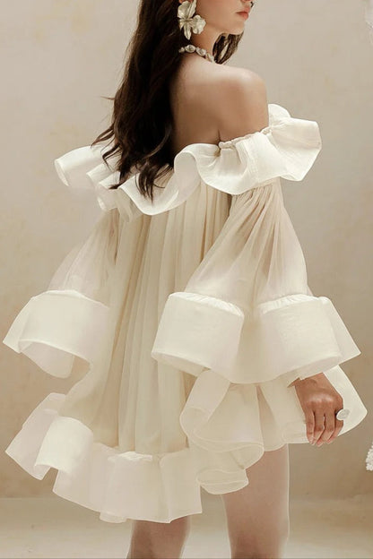 Bernice Ruffle Layer Crinkle Chiffon Mini Dress in White
