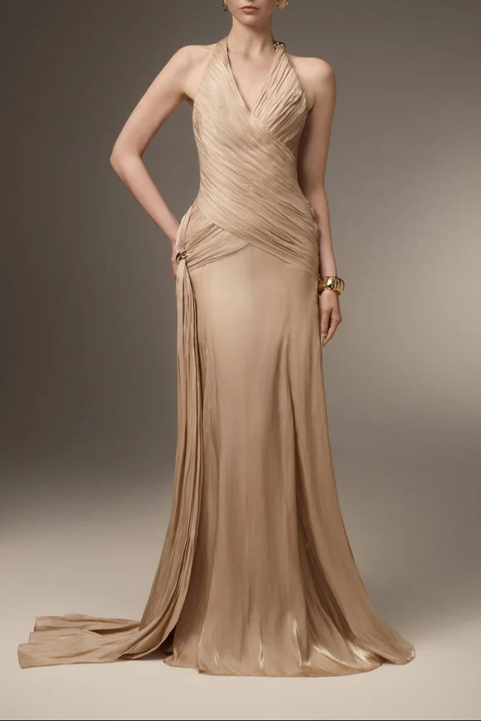 Corset Waist Silk Blend halter Floor Length Dress in Champagne Avalabel