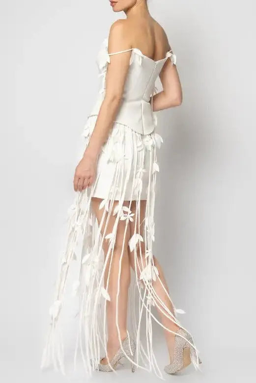 hilary white flower tassel strapless mini dress Avalabel