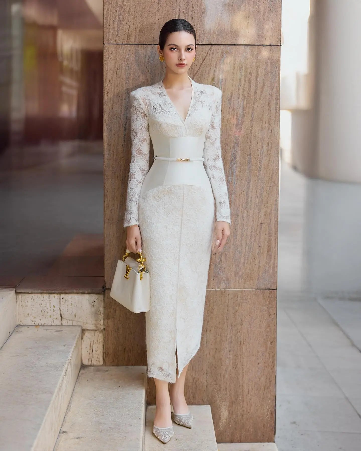 kimberley white v-neck lace patchwork midi dress Avalabel
