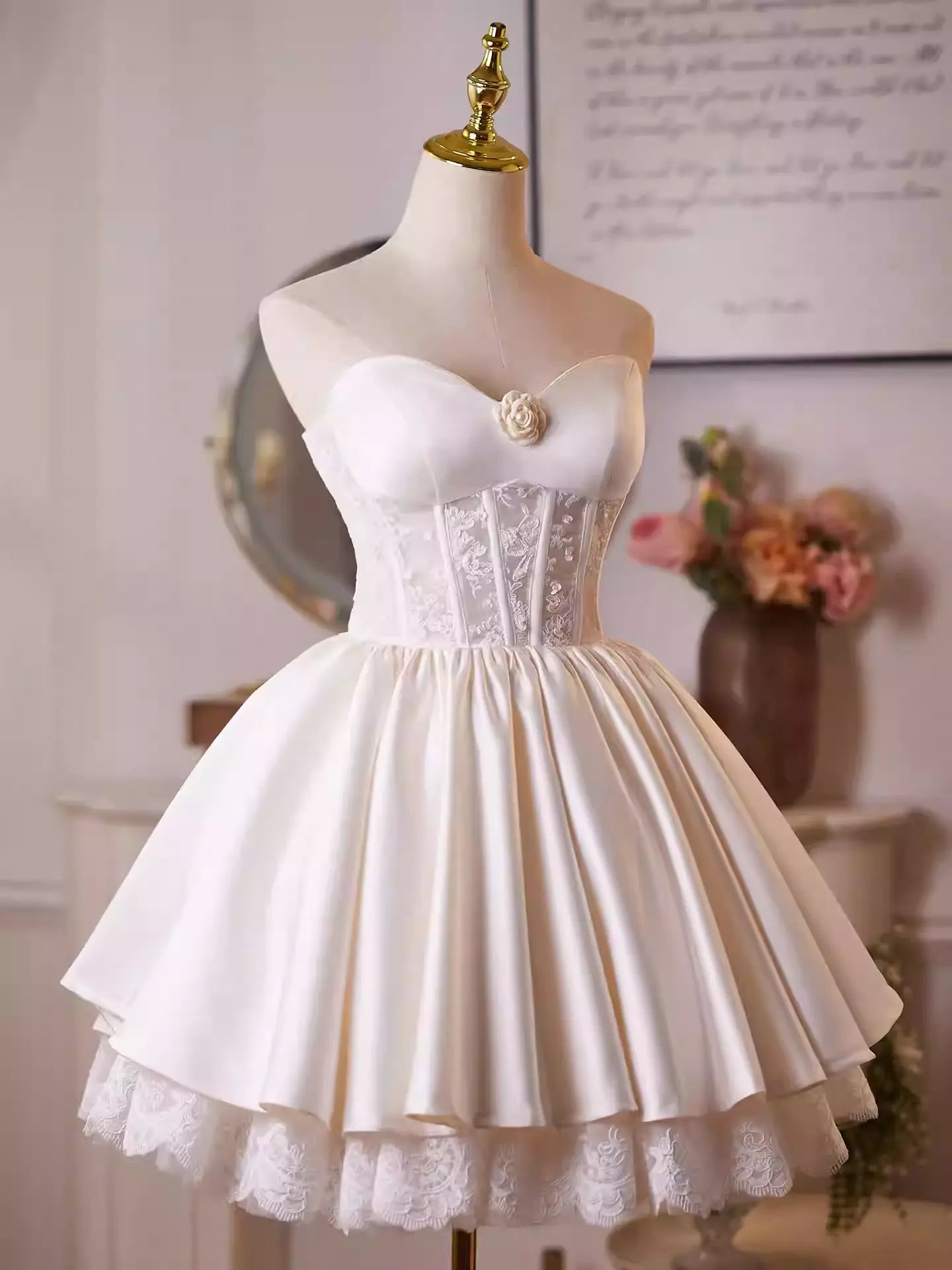 Helen White Flower Strapless Lace Satin Mini Dress Avalabel