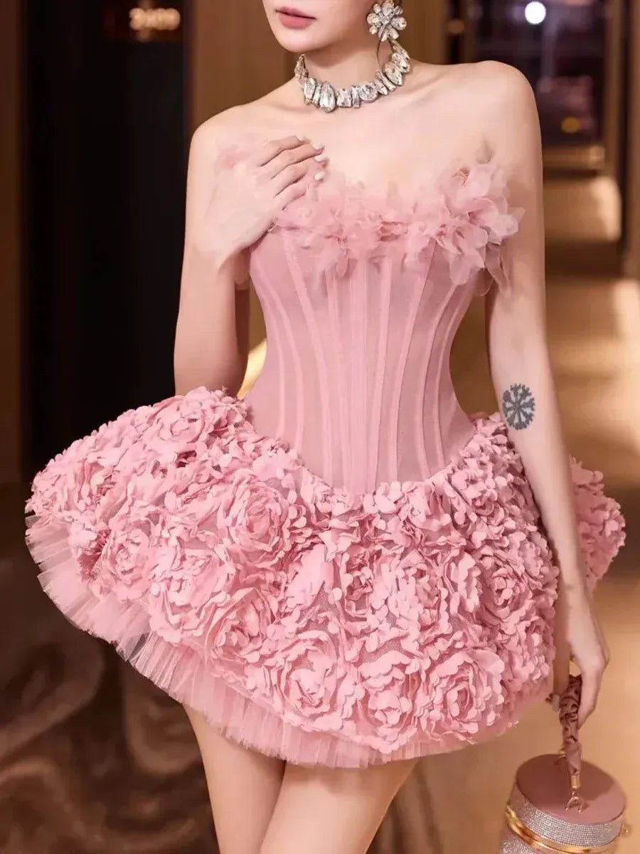Strapless Petal Floral Corset A Line Dress Avalabel