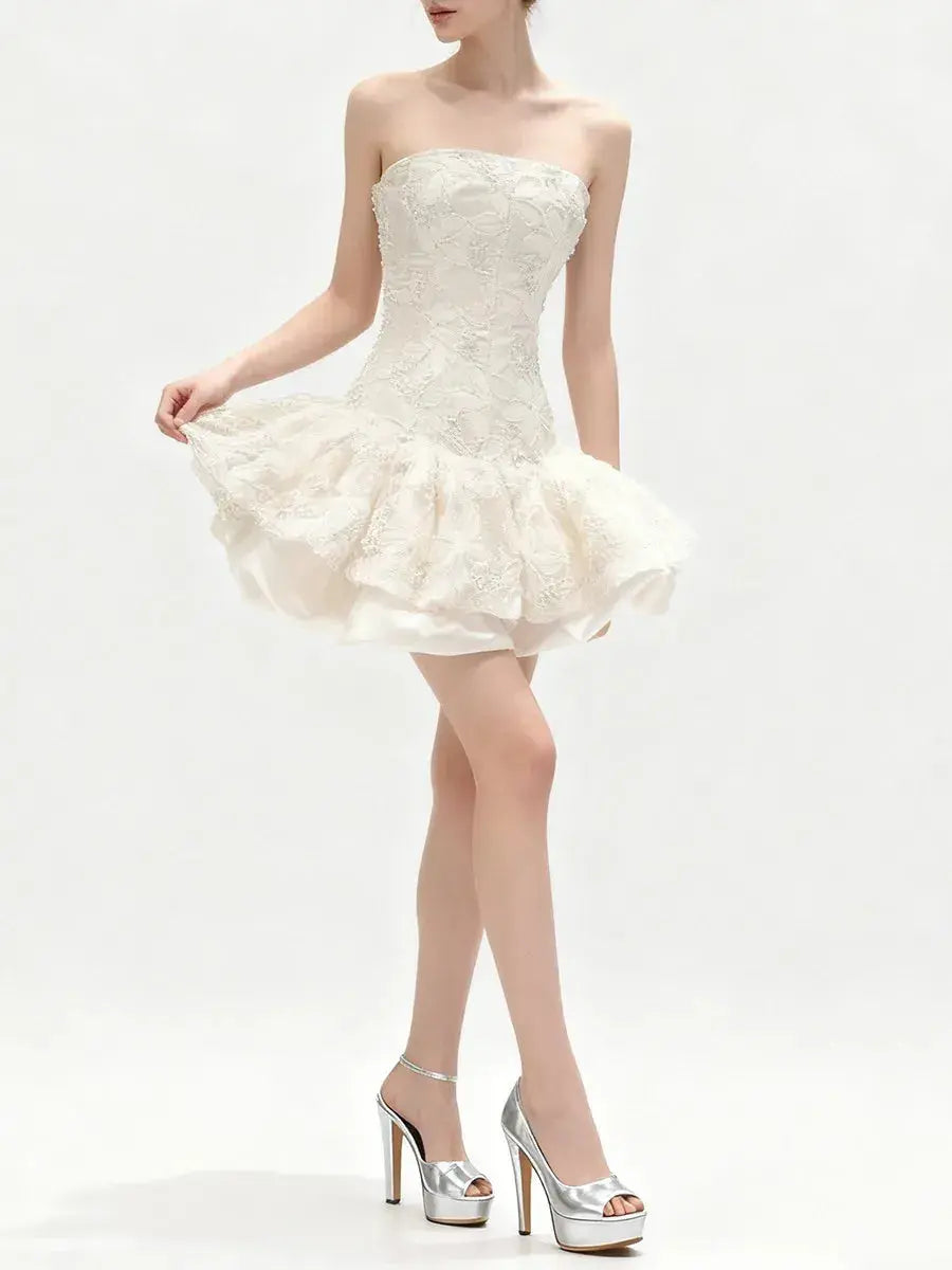 katherine Embroidered Lace Ruffle Mini Dress in pink Avalabel