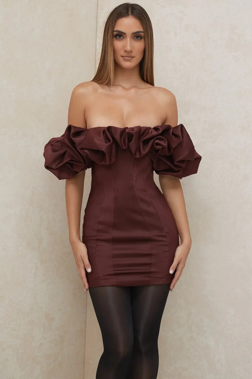 Burgundy Satin Ruffle Strapless Mini Dress Avalabel