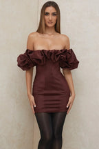 Burgundy Satin Ruffle Strapless Mini Dress Avalabel