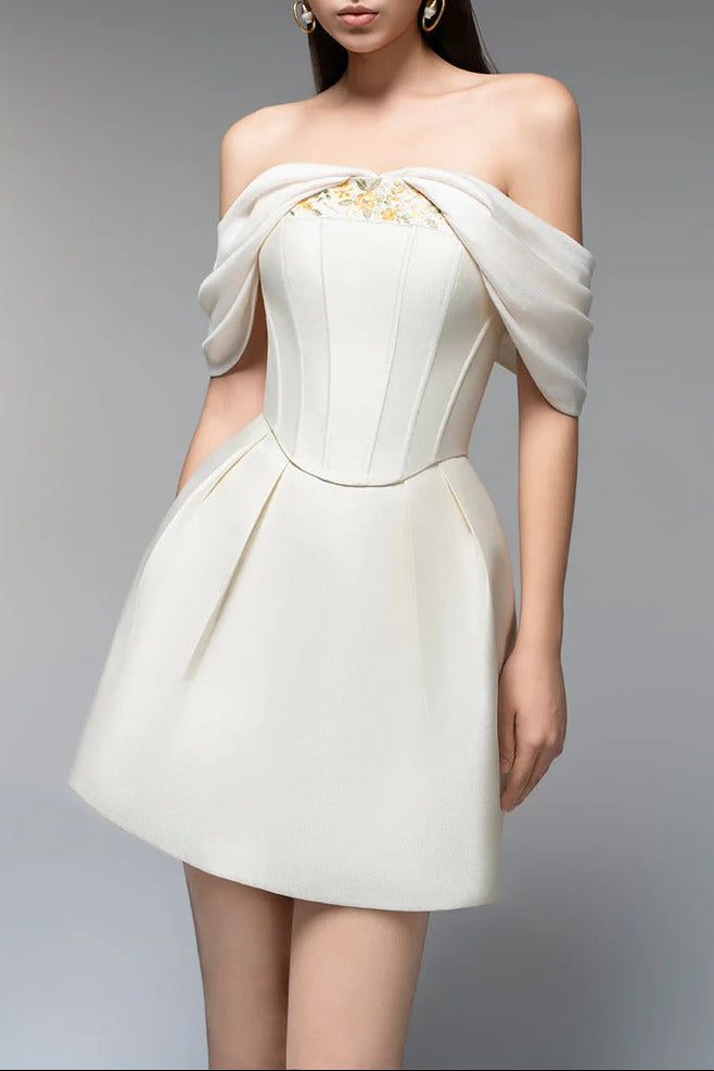 embroidery A-line Off-Shoulder Polyester Mini Dress in beige Avalabel