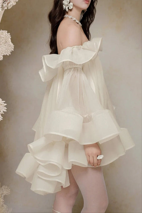 Bernice Ruffle Layer Crinkle Chiffon Mini Dress in White Avalabel