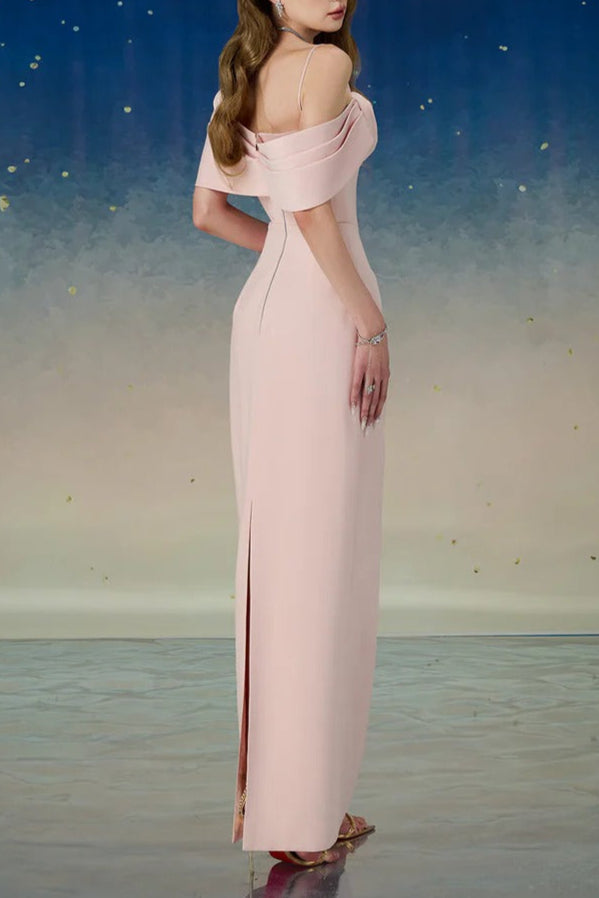 Leona Sheath Asymmetric Shoulder Taffeta Ankle Maxi Dress in Pink Avalabel