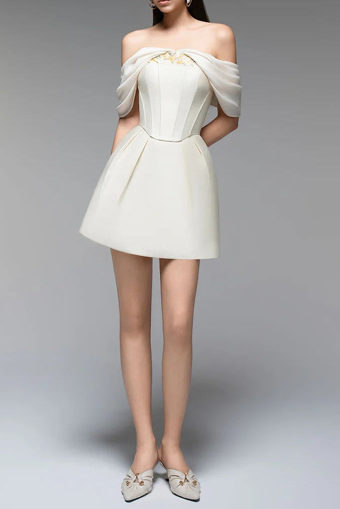 embroidery A-line Off-Shoulder Polyester Mini Dress in beige Avalabel