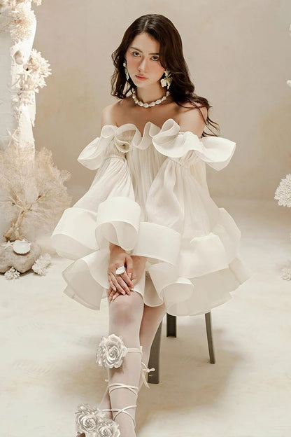 Bernice Ruffle Layer Crinkle Chiffon Mini Dress in White