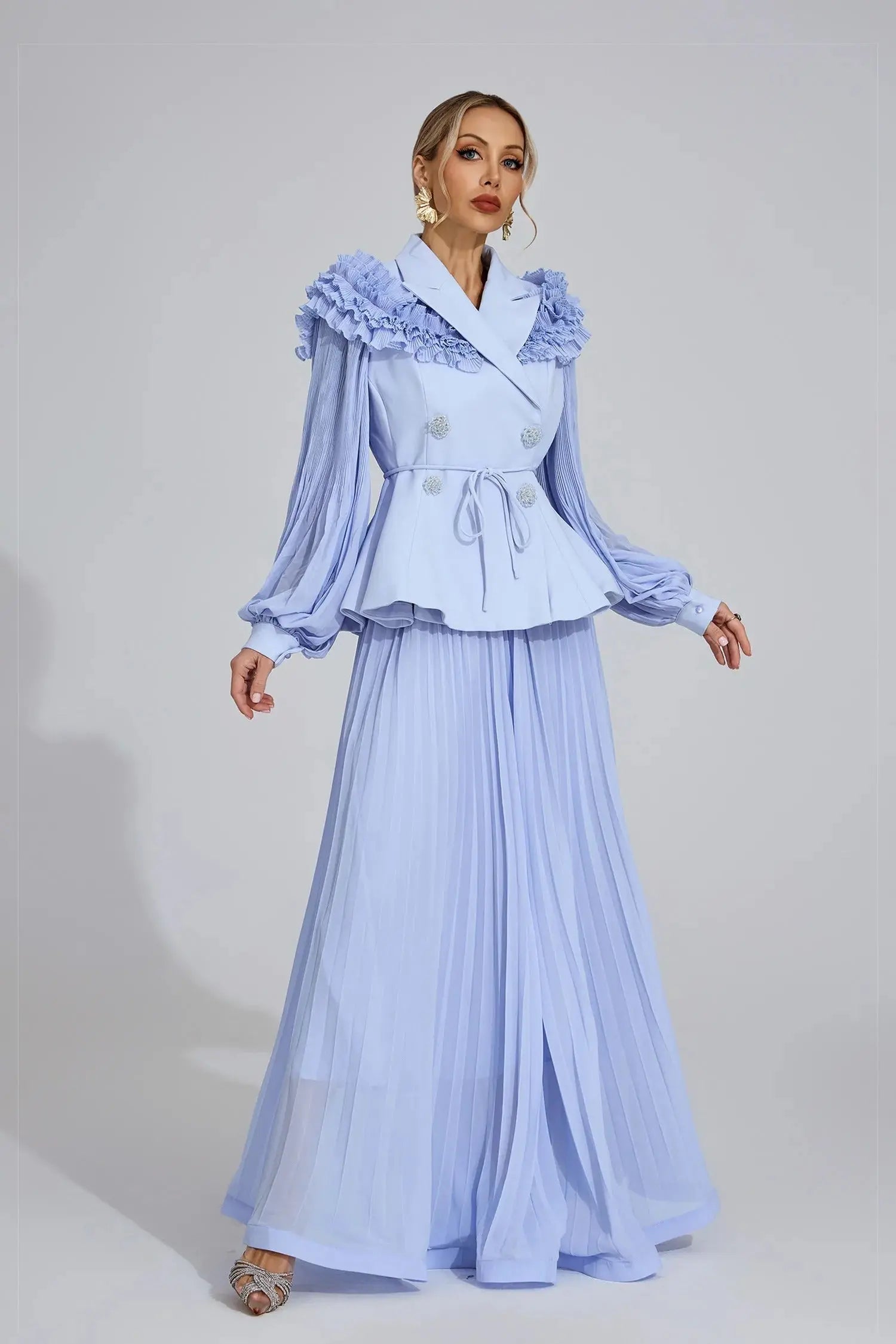 josephine Light Blue Flounce skirt  blazer Two-Piece Set Avalabel