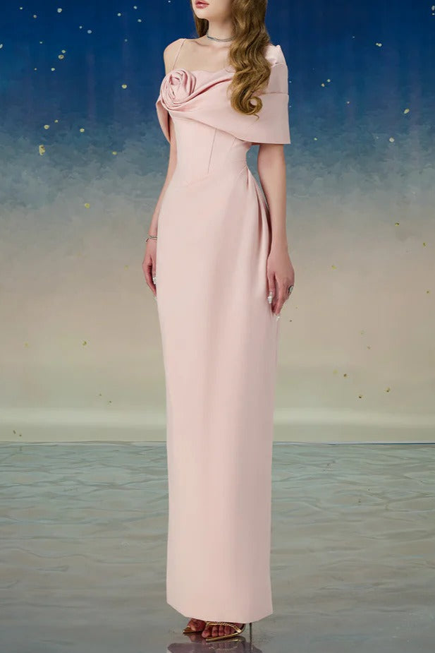 Leona Sheath Asymmetric Shoulder Taffeta Ankle Maxi Dress in Pink Avalabel