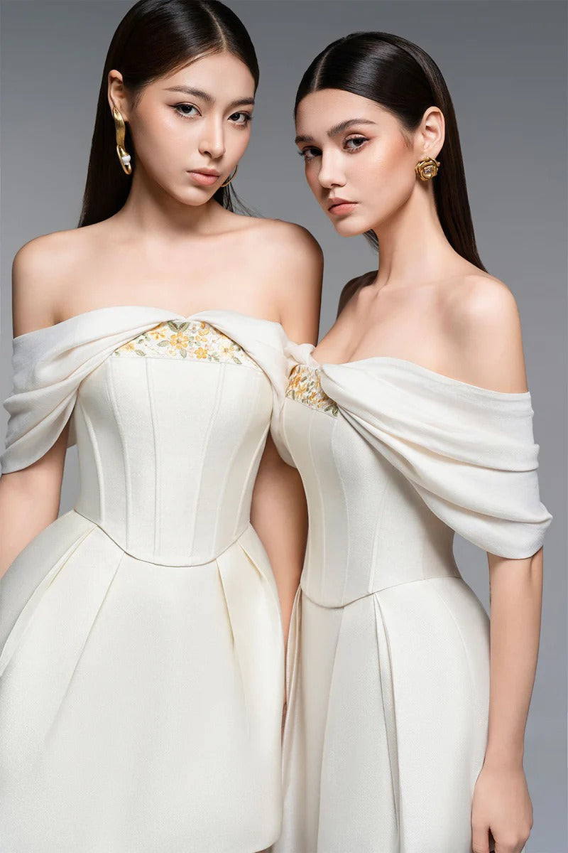 embroidery A-line Off-Shoulder Polyester Mini Dress in beige Avalabel