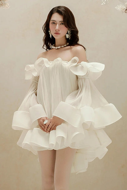 Bernice Ruffle Layer Crinkle Chiffon Mini Dress in White