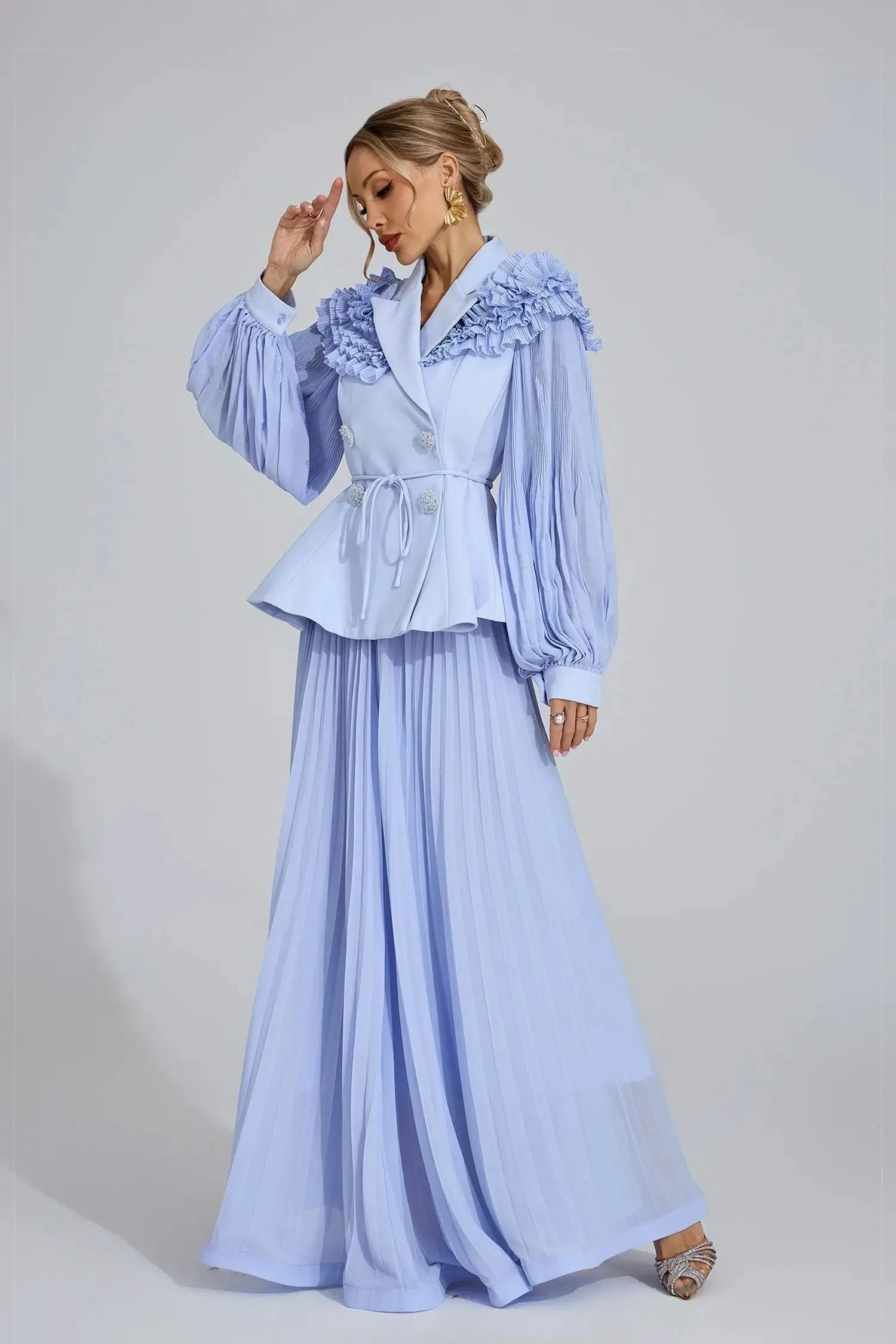 josephine Light Blue Flounce skirt  blazer Two-Piece Set Avalabel