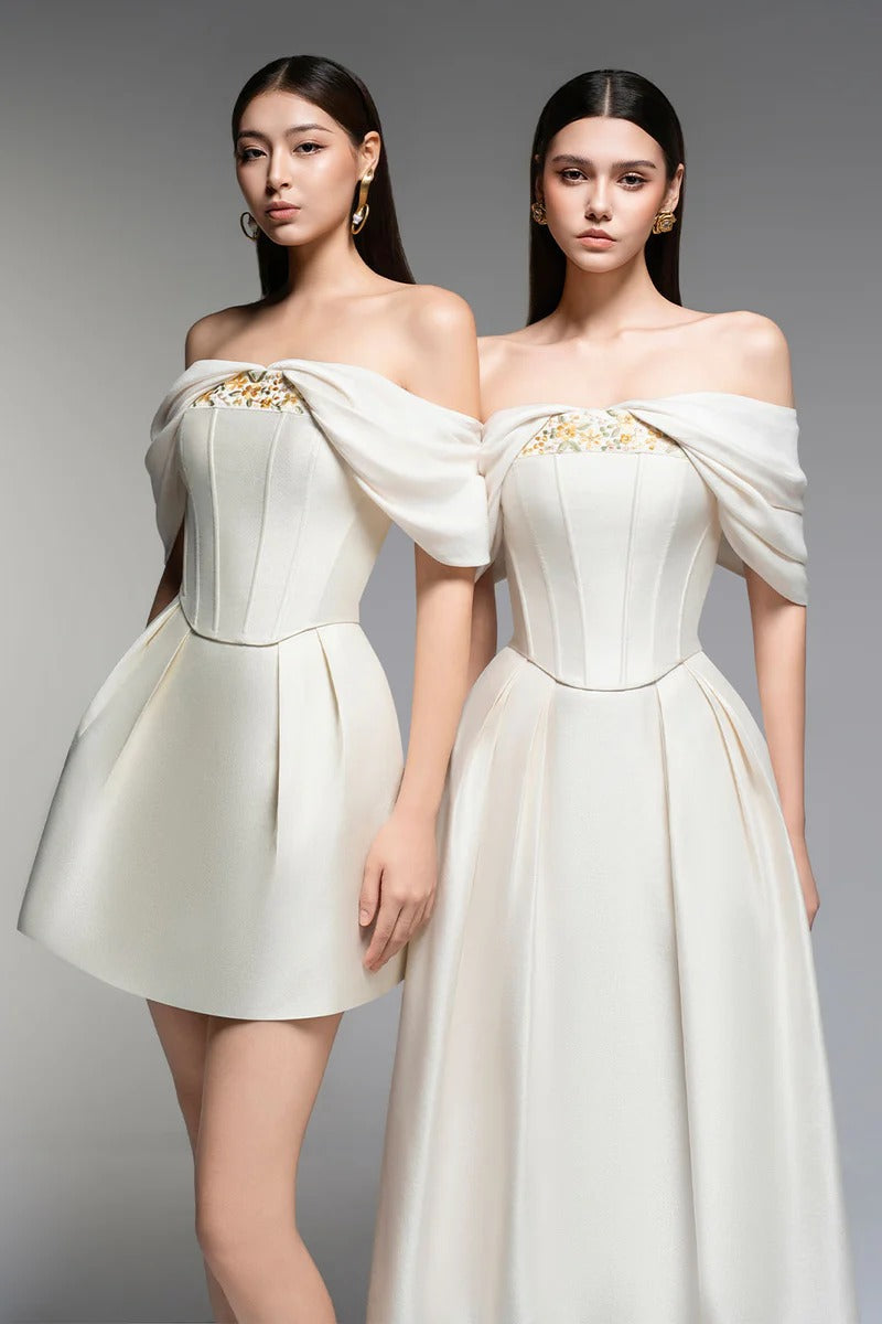 embroidery A-line Off-Shoulder Polyester Mini Dress in beige Avalabel