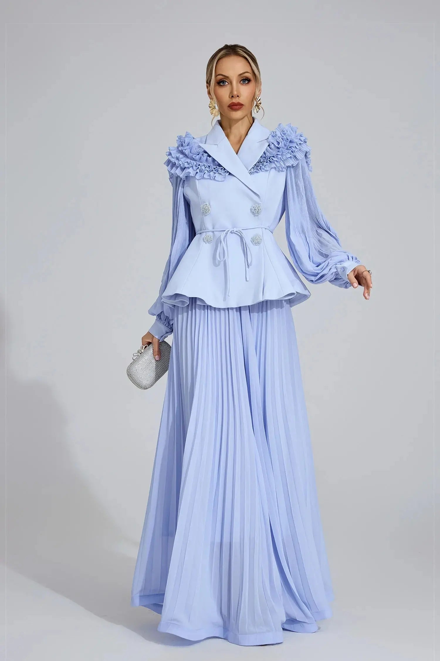 josephine Light Blue Flounce skirt  blazer Two-Piece Set Avalabel