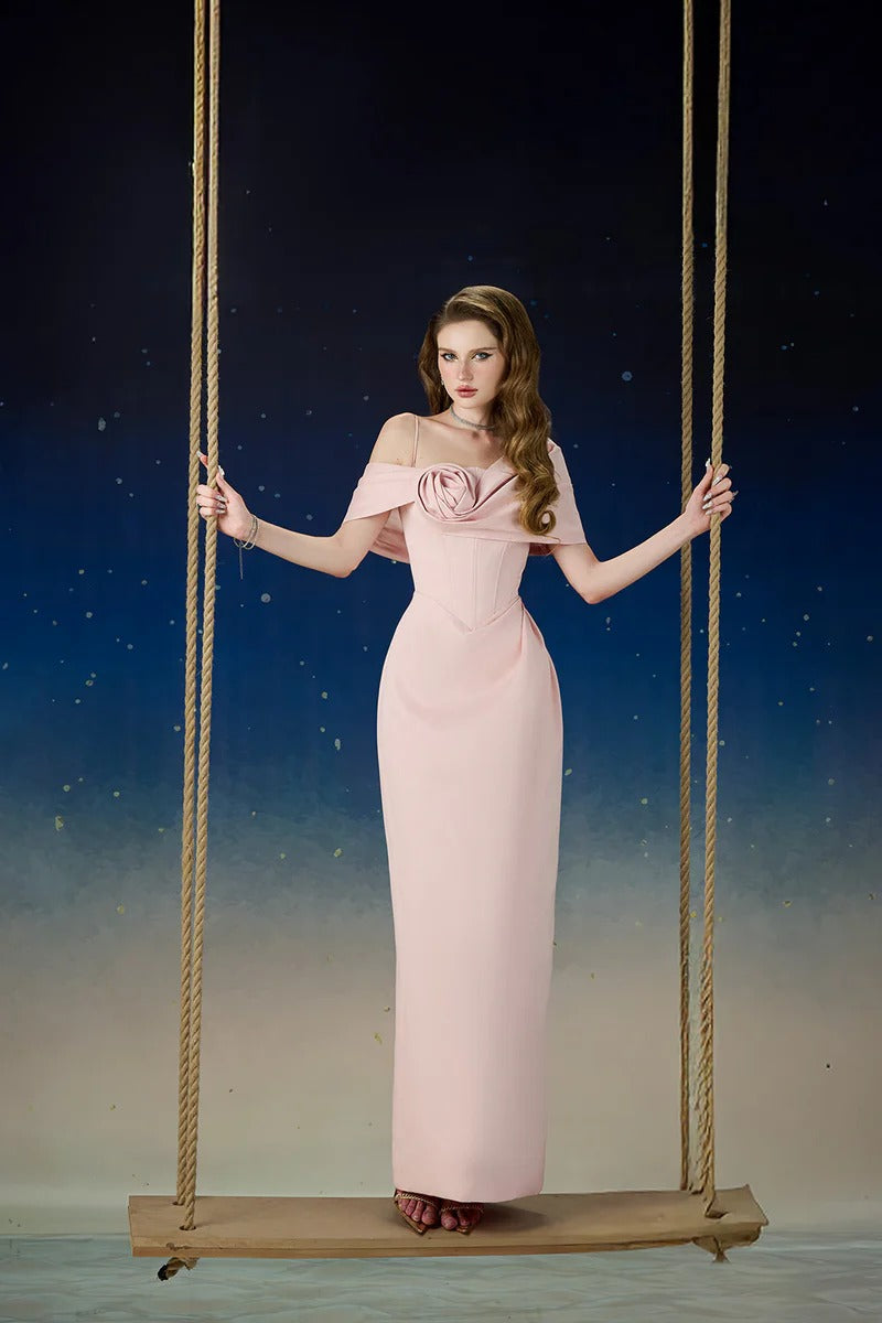 Leona Sheath Asymmetric Shoulder Taffeta Ankle Maxi Dress in Pink Avalabel