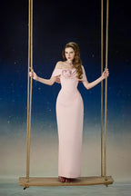 Leona Sheath Asymmetric Shoulder Taffeta Ankle Maxi Dress in Pink Avalabel