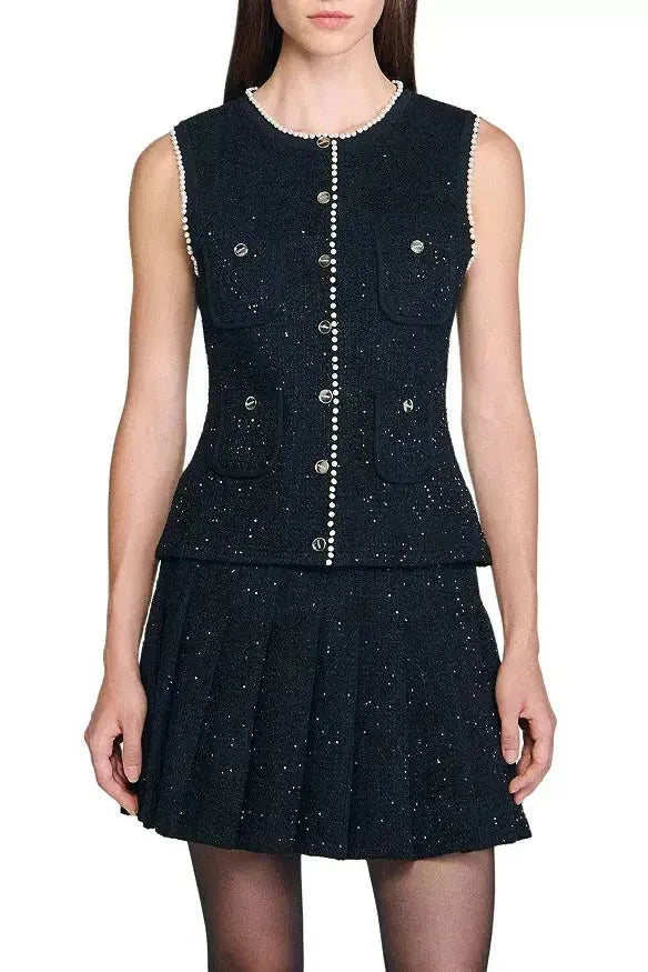 Jody Black Tweed Vest with Pearls embellished Avalabel