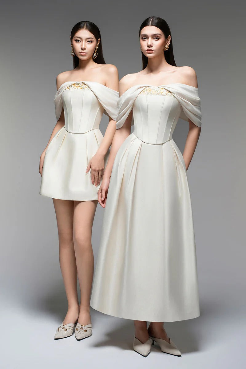 embroidery A-line Off-Shoulder Polyester Mini Dress in beige Avalabel