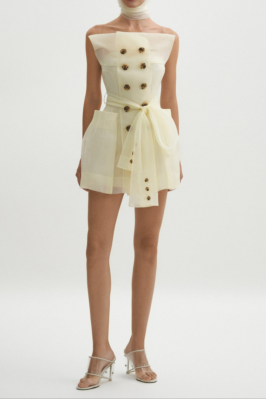 Spaghetti Strap Organza Belted Double-Breasted Mini Trench Dress poava