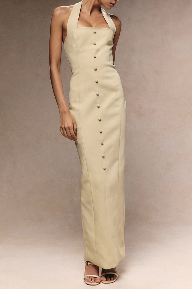 Almond Woven Halter Button Maxi Dress Avalabel