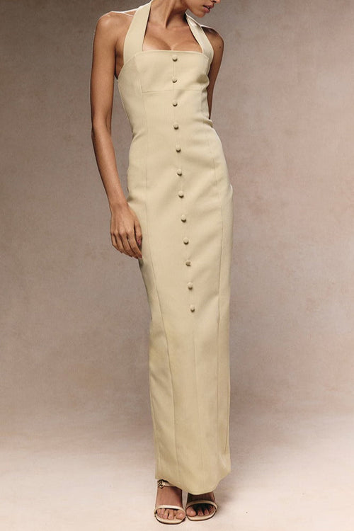 Almond Woven Halter Button Maxi Dress Avalabel